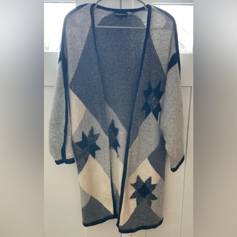 Vintage Tony Lambert open cardigan sweater long large silk angora wool blend